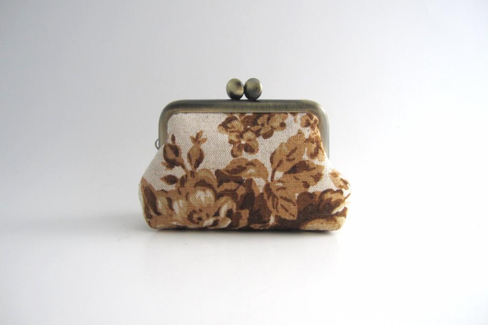 Frame Coin Purse- Mini Jewelry Case With Ring Pillow- Brown Roses On Natural Beige